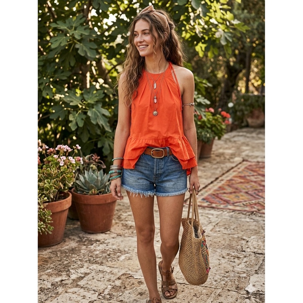 Free People‎ Womens Orange Cotton Halter Peplum Top Open Back Sleeveless Small